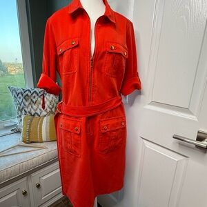 Sharagano Red Buttoned Shirt Dress with Notched Collar